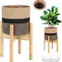 Plant Basket with Stand Indoor Planter Pot Holder Sturdy Jute Rope Modern Woven Basket, Cotton Rope Woven Pot with Bamboo Stand(7.87 Inch,Black and Beige Stripes)