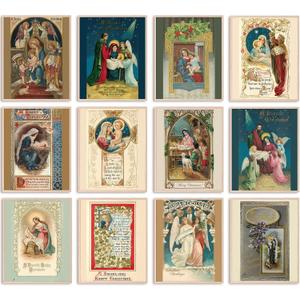 12Pcs Christmas Wall Art Prints Vintage Aesthetic Art Posters Jesus Holy Night Xmas Pictures Room Decor for Winter Gallery Living Room Bathroom Wall Decor(UNFRAMED, 8 x 10inch)