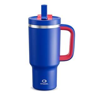32 oz Tumbler with Handle and Straw: Stainless Steel Insulated Tumbler Keeps Cold for 24 Hours, Leakproof Travel Cup Fits in Cup Holder and BPA-Free, Beaucoup Blue
