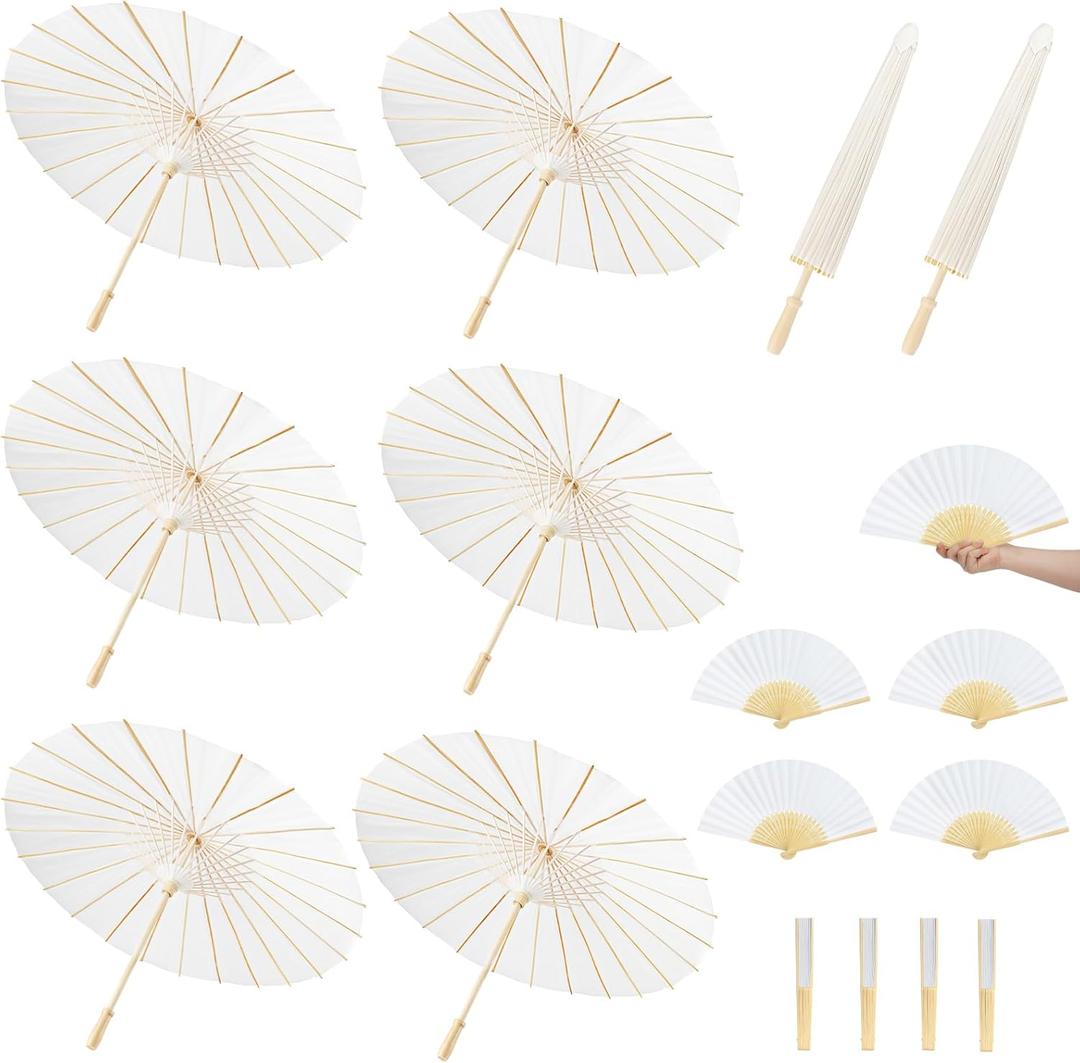 MOTOTO 8 Pack 33 Inch White Paper Umbrellas & 8 Pack 8inch Foldable Handheld Fans, Oiled Chinese Japanese White Parasols Umbrellas Paper Fans for DIY Painting, Wedding, Bridal Party, Ceiling Decor