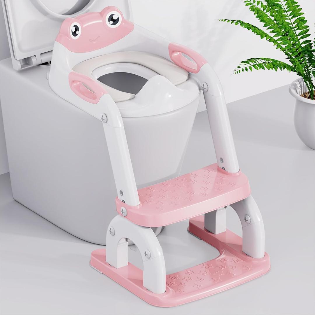 Potty Training Seat with Step Stool Ladder, Upgraded 2-in-1 Toddler Potty Training Toilet Seat with Non-Slip Step Splash Guard Handles and Waterproof Cushion, Toddler Potty Seat for Kids Boys Girls (Pink)
