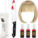 6 Pcs Halloween Horror Costume for Women with Short Blond Wig Retro Brick Phone Model Plastic Knife Fake Blood for Halloween Scary Movie Role Play Party Dress up