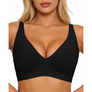 Jelly Wireless Bra Seamless Deep V Push Up T-Shirt Comfortable Plunge No Underwire Bras with Adjustable Straps Everyday Bras Black L
