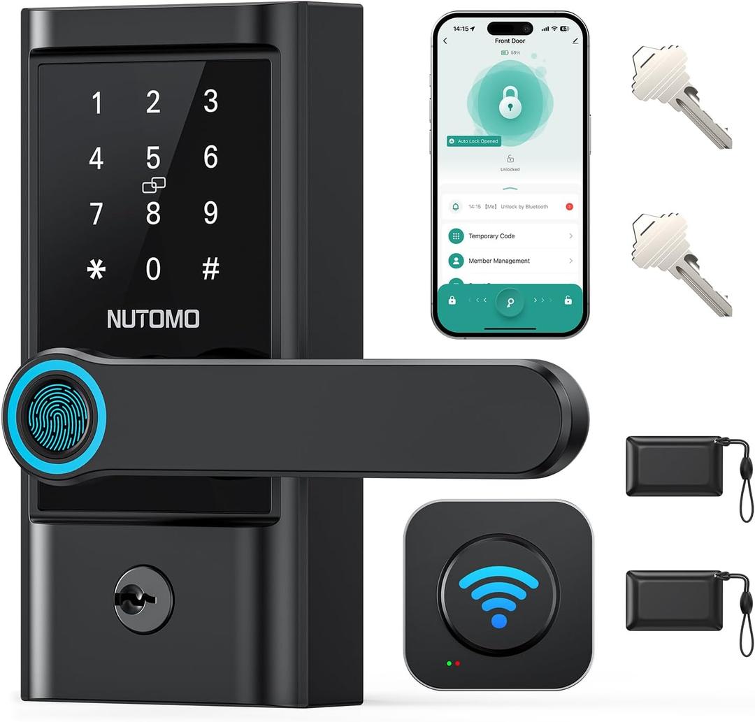 WiFi keypad Door Lock with Handle: NUTOMO keyless Entry doorlock deadbolt with Handle Set,Fingerprint Smart Lock for Front Door,Smart Electronic Deadbolt with Alexa/Bluetooth/App Control Black