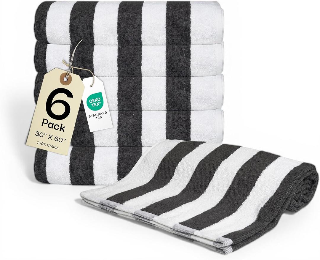 Salt Earth Cotton Striped Beach Cabana Towel, 6 Pack - 30"x60" Quick Dry Towels, Pool Essentials, Travel, Gym & Bathroom Towels, Oversized Beach Vacation EssentialsSteel Grey