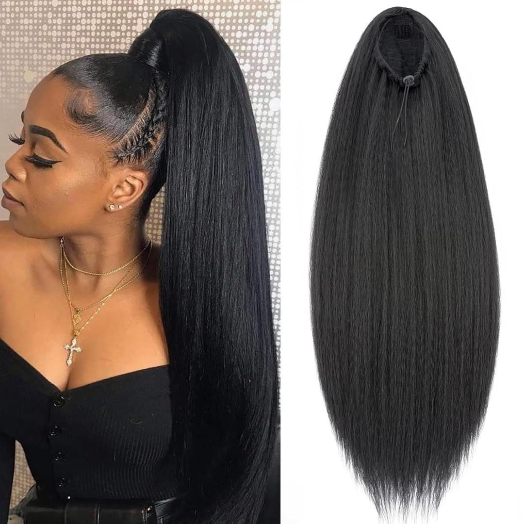 Yaki Straight Ponytail Extension, Wrap Around Ponytail Extension for Black Women, Yaki Human Hair Extension, Natural Black (Drawstring ponytail, 16 inch)