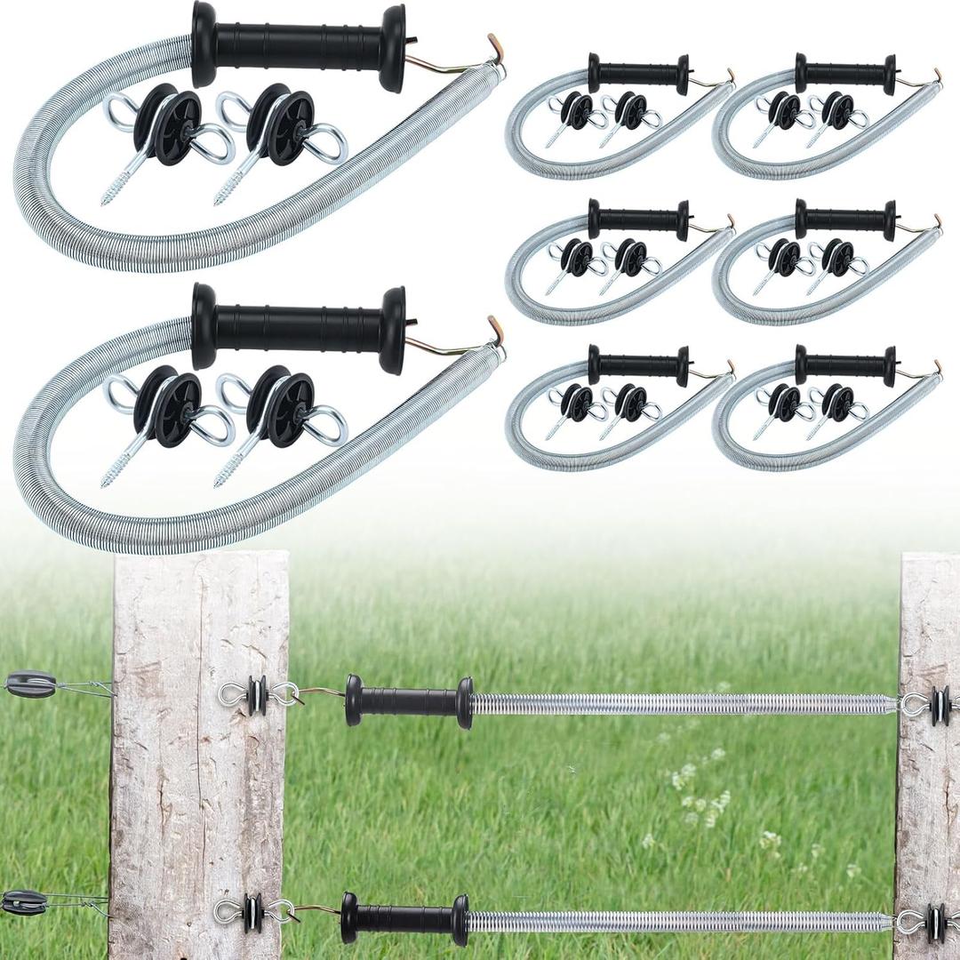 Hicarer 4 Set Electric Fence Spring Gate Handles Kit, Fence Handles with Spring, Corner End Screw-in Ring Insulators, 16 Feet Retractable Electric Gate, Black