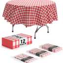 Exquisite Picnic Table Cover - 12 Pack Premium Round Tablecloth - Red & White Checkered BBQ Plastic Table Cover - Gingham Checkerboard Disposable Plastic Tablecloth 84 inch. Round