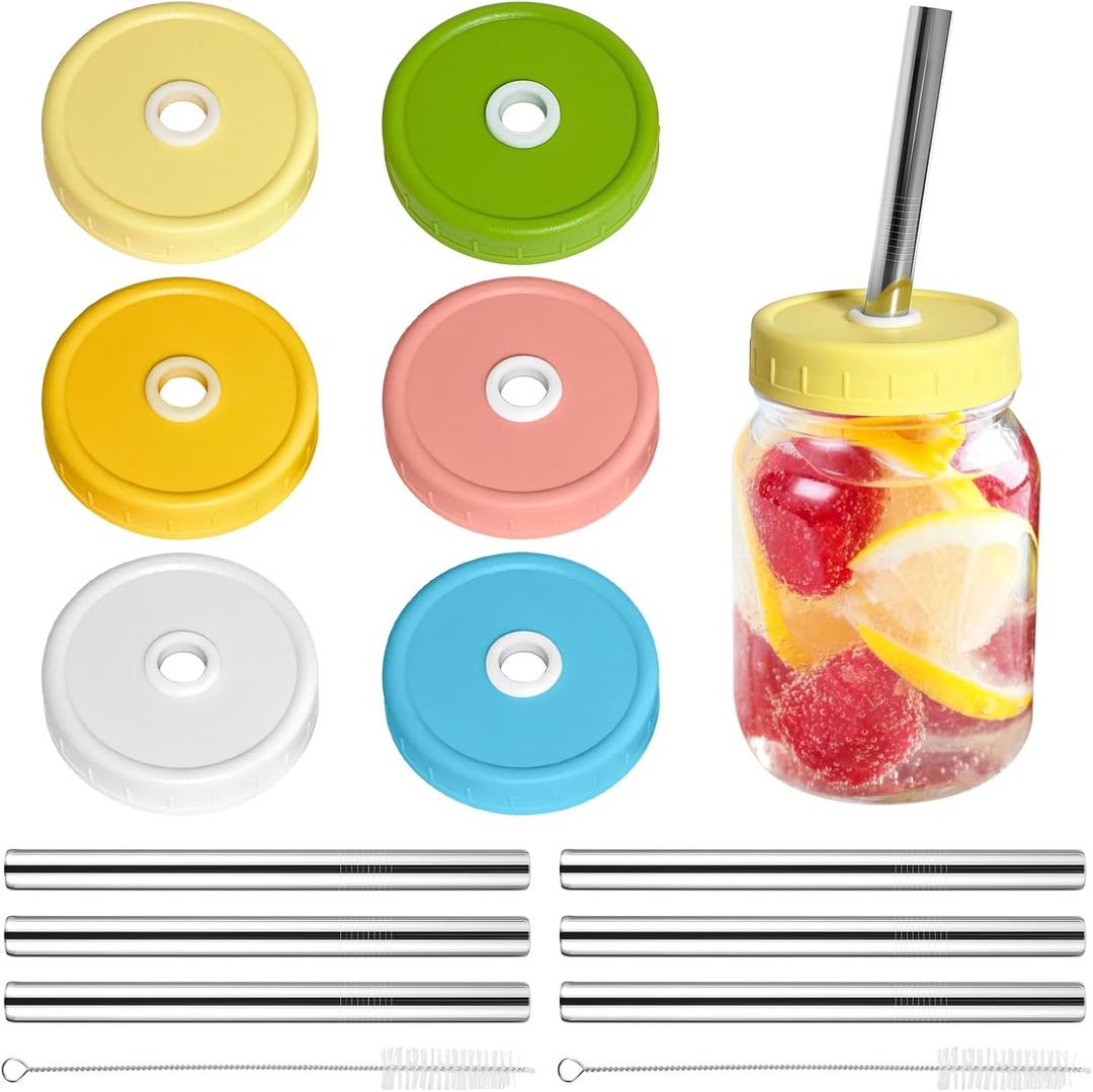 6 Plastic Pack Mason Jar Lids, Colorful Wide Mouth Mason Jar Drinking Lids Compatible for Mason Jar, Canning Ball Jars, with Straws and Cleaning Brush (JAR NOT INCLUDES)