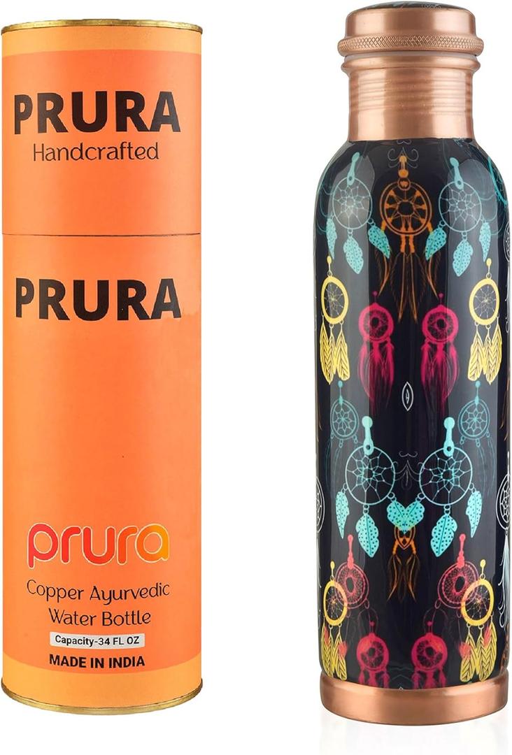 Pure Printed Copper Water Bottle - Leak Proof Ayurvedic Drinkware Copper Vessel for Sports, Gym, Outdoors, Yoga, Health Benefits (32.1 Ounces, Design 18)