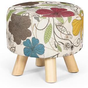 Asense Small Round Ottoman Foot Rest Stool Linen Padded Seat Footstool Ottoman with Anti-Slip Wooden Legs (Flower,Linen)