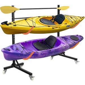 Freestanding Kayak Storage Rack, Adjustable Kayak Racks Outdoor with 4 Lockable Wheels, Kayak Stands Heavy Duty Storage for Kayaks, Canoes, SUP and Surfboards - 2 Kayaks