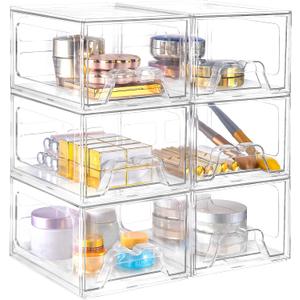 6 Pack Stackable Makeup Organizer, 4.4'' Tall Acrylic Bathroom Makeup Organizer and Storage Drawer with Pull-out Handle, Clear Plastic Storage Bins for Vanity,Pantry,Desk,Undersink,Kitchen