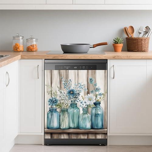 Blue Mason Jars Flowers Dishwasher Magnets Decorative Cover,Rustic Wooden Boards Waterproof Magnetic Dishwasher Cover Panel,Refrigerator Magnet Cover for Kitchen Home Decor 23x26 Inch