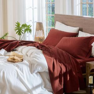 MooMee Bedding Sheet Set 100% Washed Cotton Linen Like Textured Breathable Durable Soft Comfy (Solid Fired Brick Red, Queen)