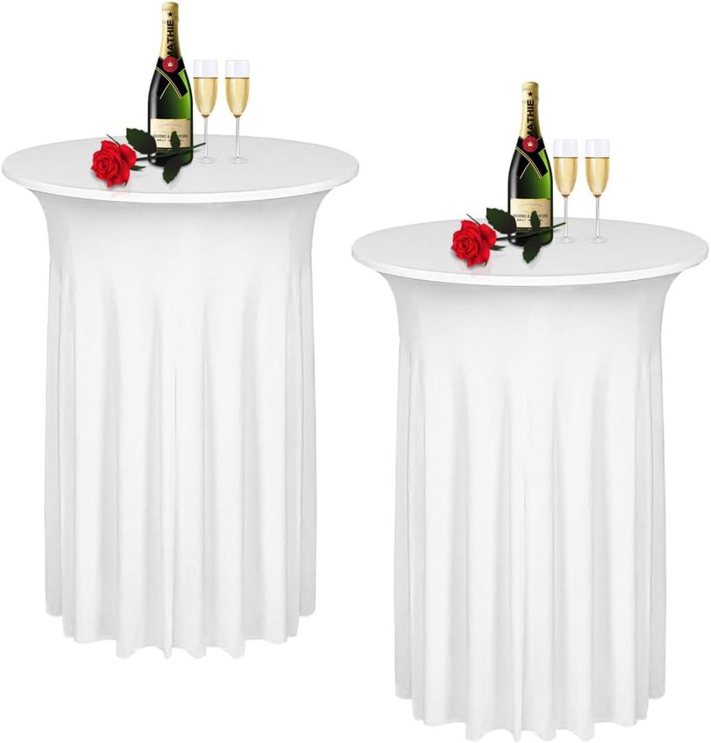 Albassa 2 Pack Cocktail Table Covers 32"x 43" Spandex Stretch Round Cocktail Tablecloths with Wavy Drapes Fitted High Top Bar Table Skirt for Wedding Party Banquet (White, 2 PCS)