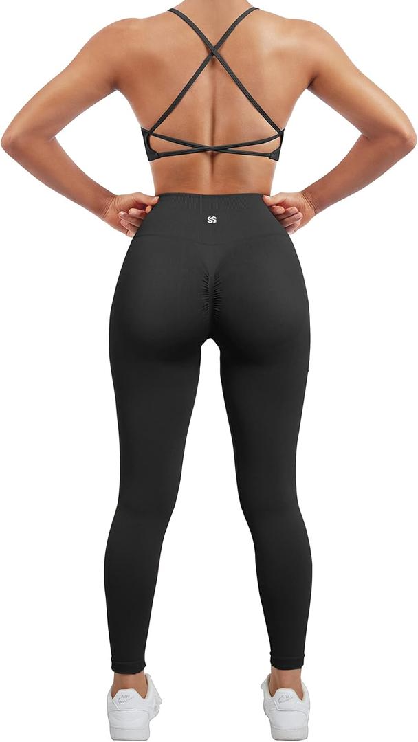 SUUKSESS Women Seamless Workout Sets Strappy Sports Bra High Waist Booty Leggings Outfits (Black, S)