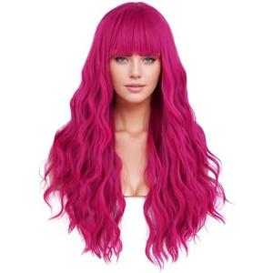 PATTNIUM 27 Inches Hot Pink Wig Long Curly Pink Wig with Bangs Women Girls Synthetic Dark Pink Wigs Halloween Cosplay Party Costume Wigs