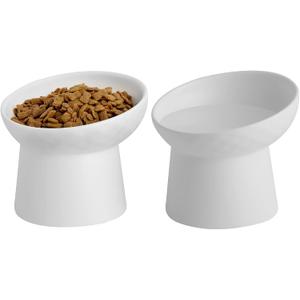 Ceramic Raised Cat Bowls, Elevated Tilted Cat Food and Water Bowls Set, Porcelain Stress Free Pet Feeder Dish for Cats and Small Dogs, Dishwasher and Microwave Safe, Set of 2 (White)