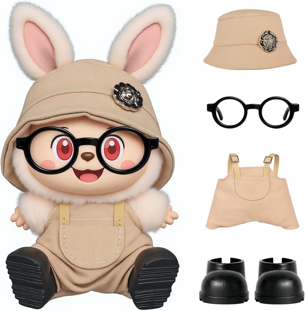 4pcs Dolls Outfit Set, Hat & Overalls for 17 cm Doll Clothes Accessories Suit, Stylish Clothes for Doll, Cute Outfits for Dress up Unique Style with Premium Fabric, Khaki