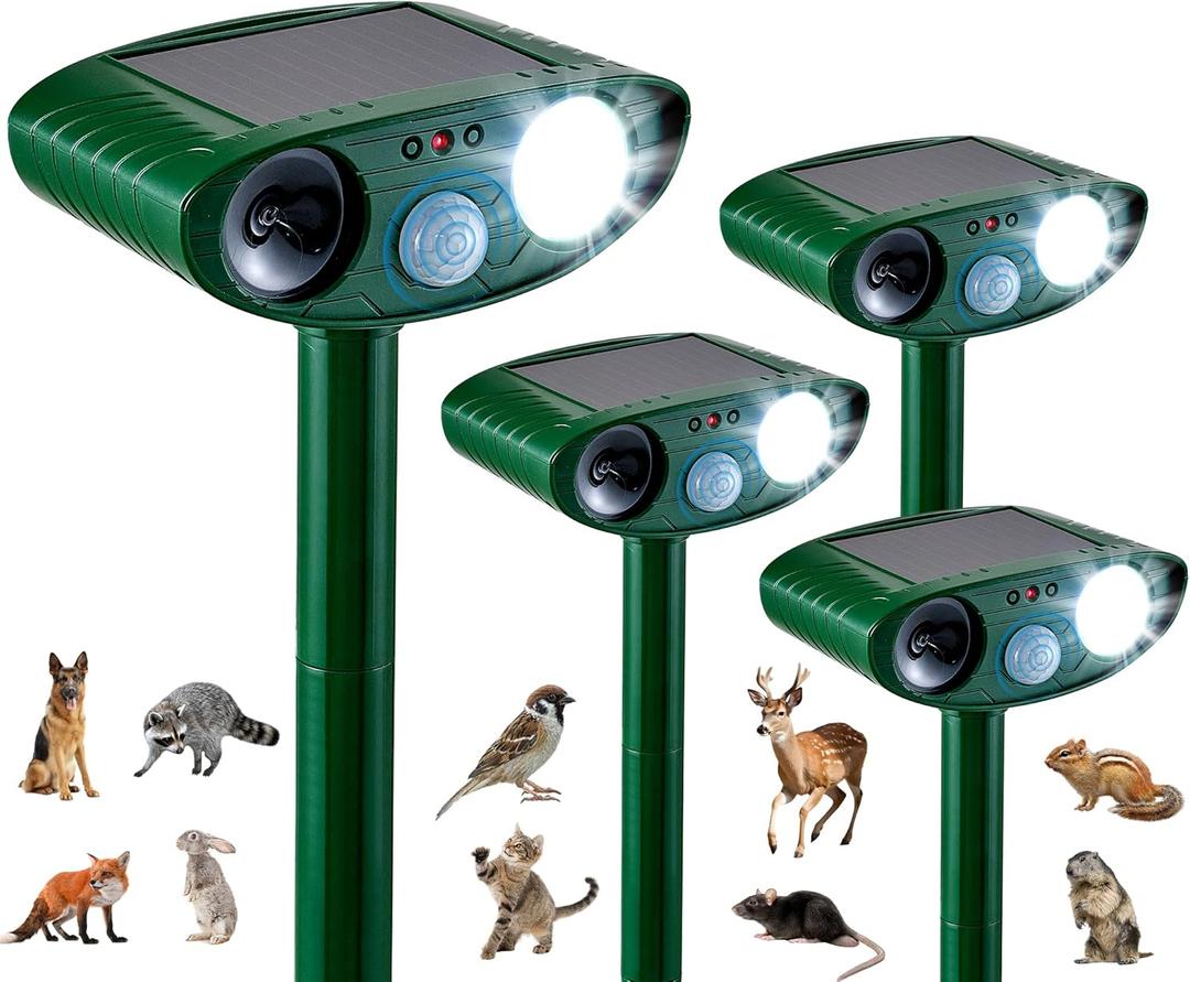 4 Pack Solar Animal Repeller for Raccoons, Deer & Squirrels - Ultrasonic & Strobe Light, Outdoor Deterrent for Cats, Dogs, Raccoons, Rabbits, Skunks, Foxes & More