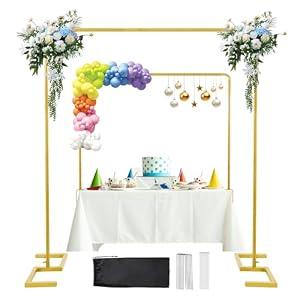 8.2FT x 8FT Backdrop Stand Heavy Duty with Base, Gold Portable Adjustable Pipe and Drape Backdrop Stand Kit, Over The Table Rod Stand with Clamps, Square Metal Arch Party Frame for Birthday Decor