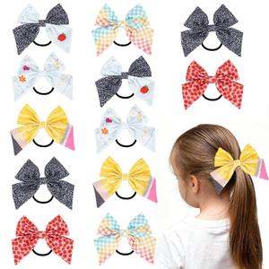 12 Pcs Back to School Hair Bow Scrunchies | Pencil, Apple and Composition Notebook Designs, First Day of School Student and Teacher Outfit Accessories