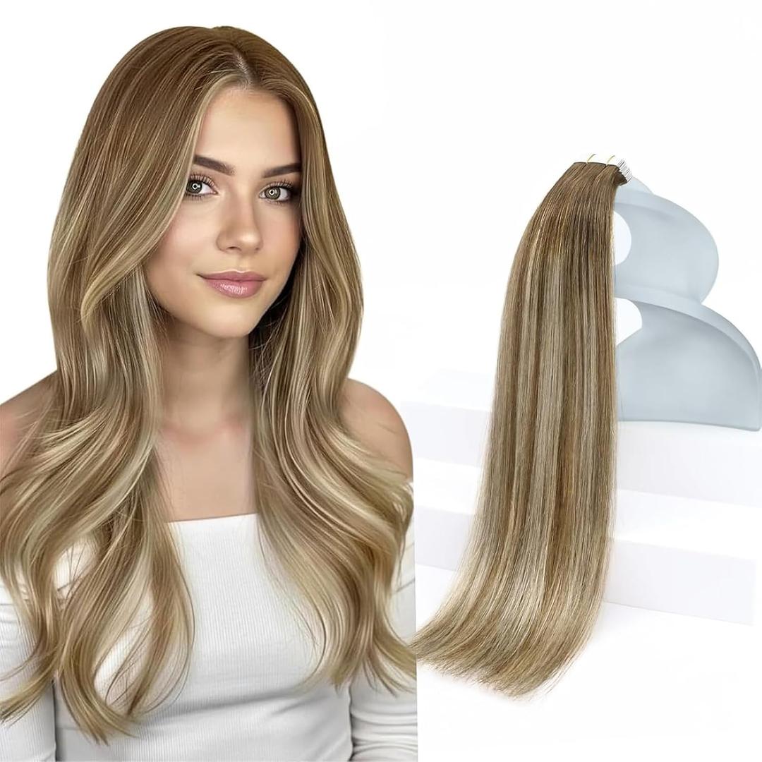 Sunny Hair Tape in Hair Extensions, 24 Inch 20Pcs 50g, Brown Balayage Blonde, Durable Tape ins for Women, Real Human Hair, Silky Straight, High Fashion