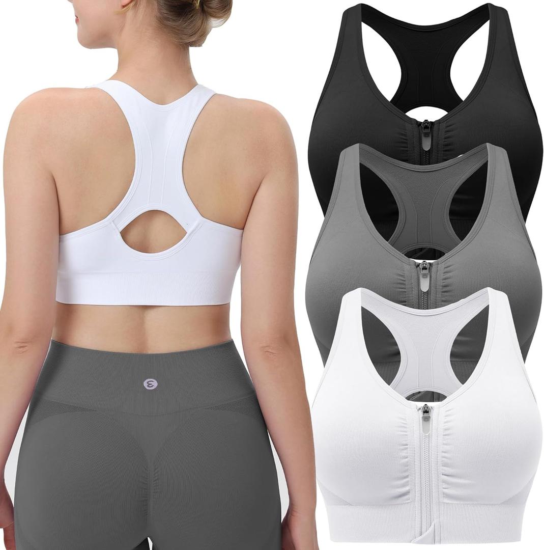 Evercute Women's Zip Front Sports Bras Wireless Padded Racerback Medium Support Post-Surgery Bra Yoga Exercise Athletic Bras (XX-Large, Black Gray White 2 Pack)