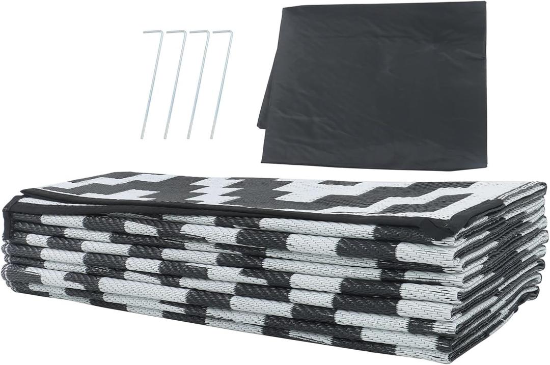 findmall 9x18FT Outdoor Carpet, Plastic Straw Camping Rug, Large Floor Mat and Rug for Outdoors, Modern Area Rug, for Backyard Deck Bench Picnic Campe, Black White