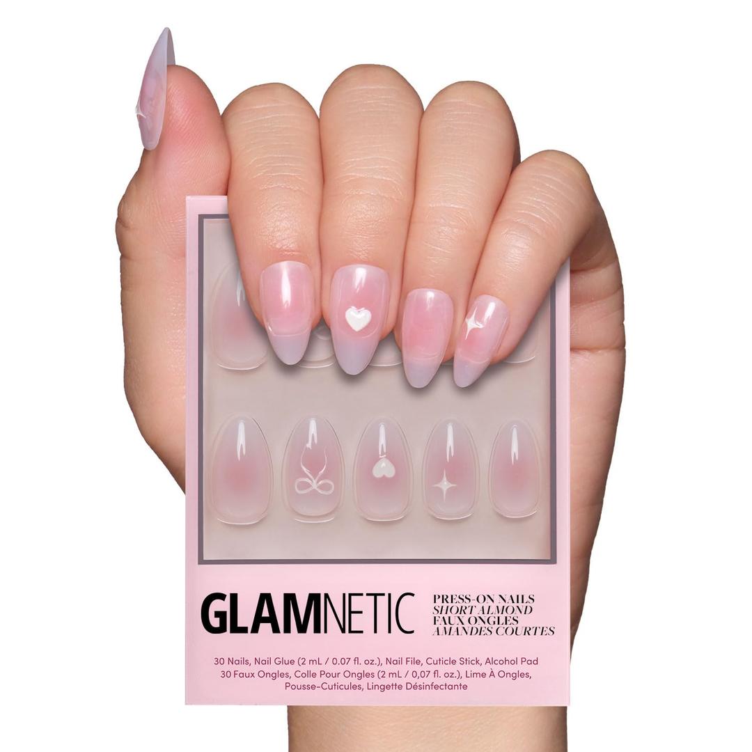Glamnetic Almond Pink  Press On Short Nails With Bow,(30 Nails)