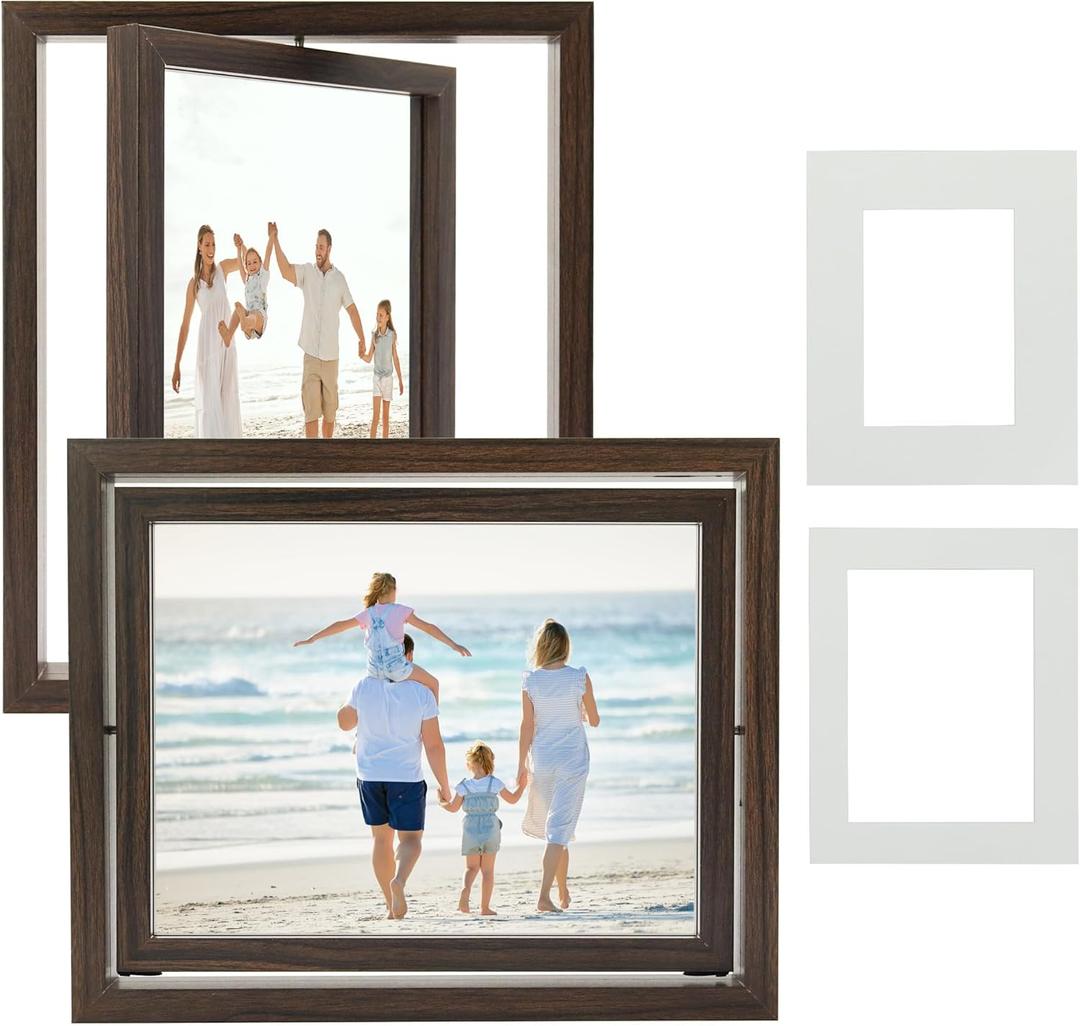 2-Pack Rotating Double Sided Picture Frame - 8x10 Floating Double Plexiglass Desk Frames Vertical/Horizontal Display, Brown Wood with 5x7/6x8 Photo Mats