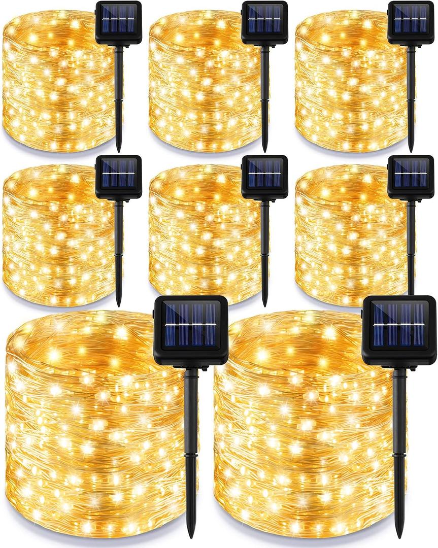 Treela 8 Pack Solar String Lights Outdoor Waterproof Each 240 Led 78ft Solar Fairy Lights Outdoor 8 Mode Led Tree Waterproof Copper Wire Garden Yard(Warm White)