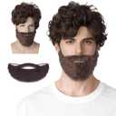 Mens Toupee Brown Curly Shaggy Costume Hippie Beard Halloween Wig