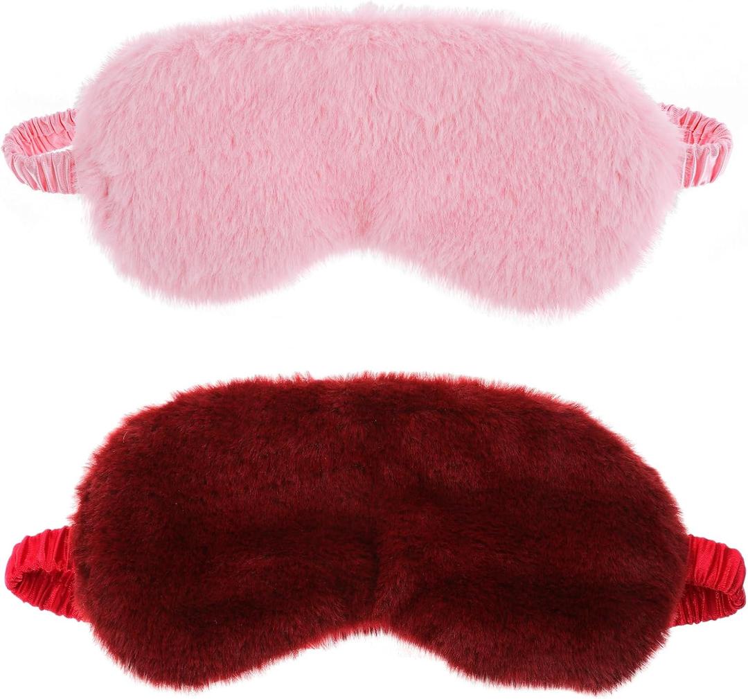 2 Pcs Plush Eye Mask Soft Sleeping Blindfold Eye Cover Comfortable Furry Faux Fur Sleeping Mask Satin Nap Night Eyeshade Cover for Women Men Gift (Pink, Red)