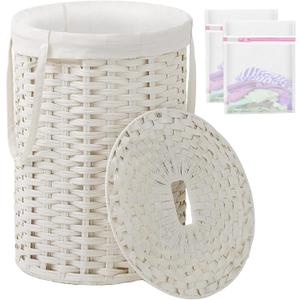Laundry Hamper with Lid Laundry Basket with Lid 19.0 Gal (72 L) Round Wicker Laundry Basket Handwoven Rattan Basket with Lid Removable Bag 2 Mesh Bags Handles for Living Room Bathroom White