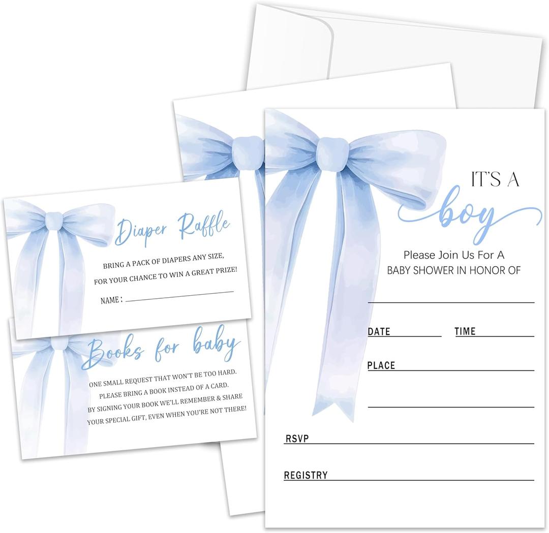 Blue Bow Baby Shower Invitations For Boy, Boys Baby Shower Invites Cards with Envelopes, Gender Reveal Invitations, Diaper Raffle Tickets(25 Sets) -tz04