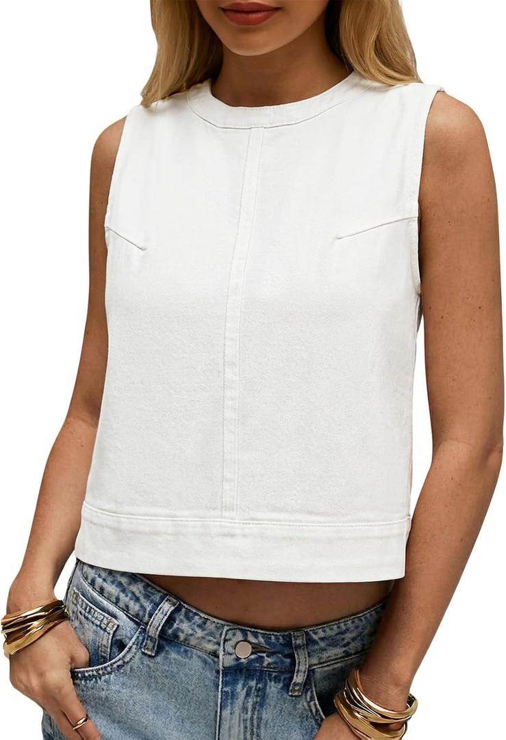 Cicy Bell Womens Denim Tank Tops Crew Neck Summer Casual Sleeveless Shirts Cropped Loose Fit Jean Vests (Large, White)