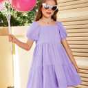 Arshiner Girls Dresses Short Sleeve Ruffle Chiffon Summer Flowy Dress with Square Neck (Purple)