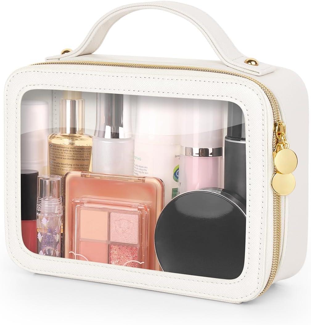 Soimeat Clear Makeup Bag, Portable Travel Cosmetic Bags, Multipurpose Leather Toiletry Bag with Zipper, Waterproof Transparent Cosmetic Organizer for Women, Medium, Beige