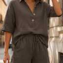 LILLUSORY Women 2 Piece Linen Short Sets 2026 Summer Vacation V Neck Short Sleeve Beach Outfits Oversized Button Cotton Pjs (Brown, L)