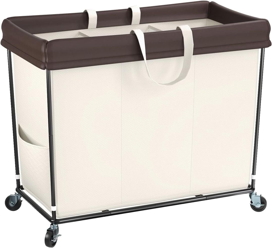 320L Laundry Hamper with Wheels, 3 Section Large Rolling Laundry Basket Bag with Wheels, Clothes Hamper Cart for Laundry, Bedroom, Bathroom and Dorm (Beige)