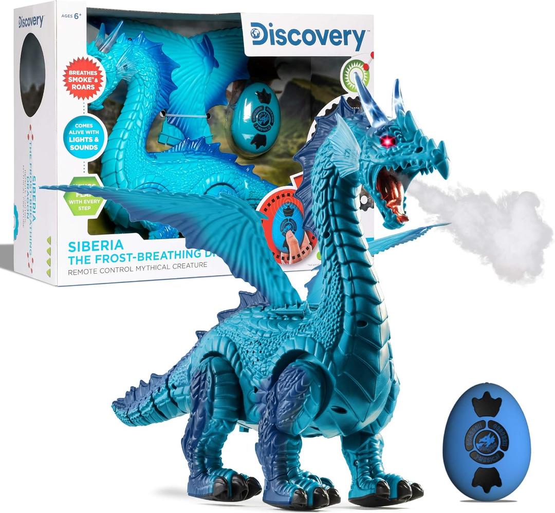 Discovery Frost-Breathing RC Dragon with Smoke Breath, Walking, Wing Flapping, Realistic Roaring Sounds| Light-Up Large Dinosaur Toy| Remote Control Robot Dino Mythical Creature|Kids Boys Gift| Age 6+ (Blue)