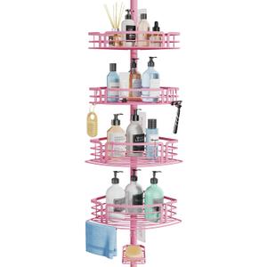 Consumest Corner Shower Caddy Tension Pole - Rustproof Shower Shelves with Towel Bar & Soap Holder, Adjustable Bath Organizer for Bathroom Storage, 27.6-108.3 inch, Pink