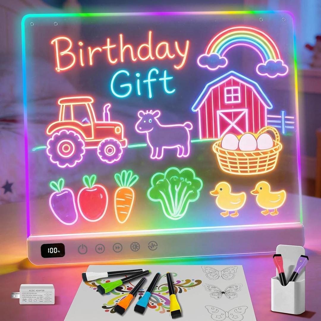 Cosmody Rechargeable LED Drawing Board for Kids, Large 16" Light Up Drawing Pad with 8 RGB Colors & 6 Dynamic Modes, Neon Art Dry Erase Board with Tracing Book & 7 Markers, Creative Gift for Girls Boys