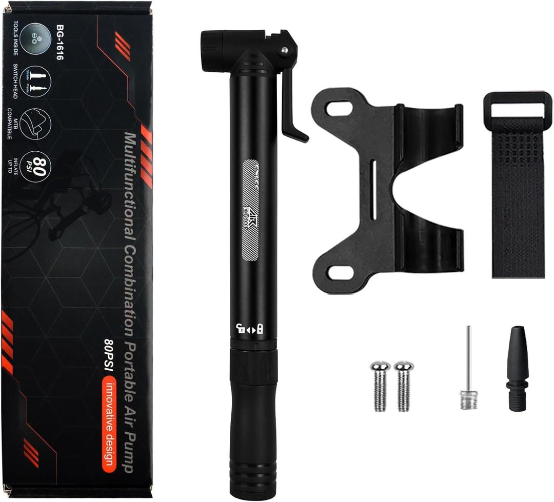 ENLEE Mini Bike Pump & Ratchet Handle, Protable Presta & Schrader Bicycle Pump, Compact Bike Pump for Road, Mountain and BMX Bikes with Ball Pump Needles, High Pressure 80 PSI-(Black)