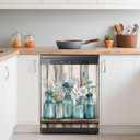 Blue Mason Jars Flowers Dishwasher Magnets Decorative Cover,Rustic Wooden Boards Waterproof Magnetic Dishwasher Cover Panel,Refrigerator Magnet Cover for Kitchen Home Decor 23x26 Inch