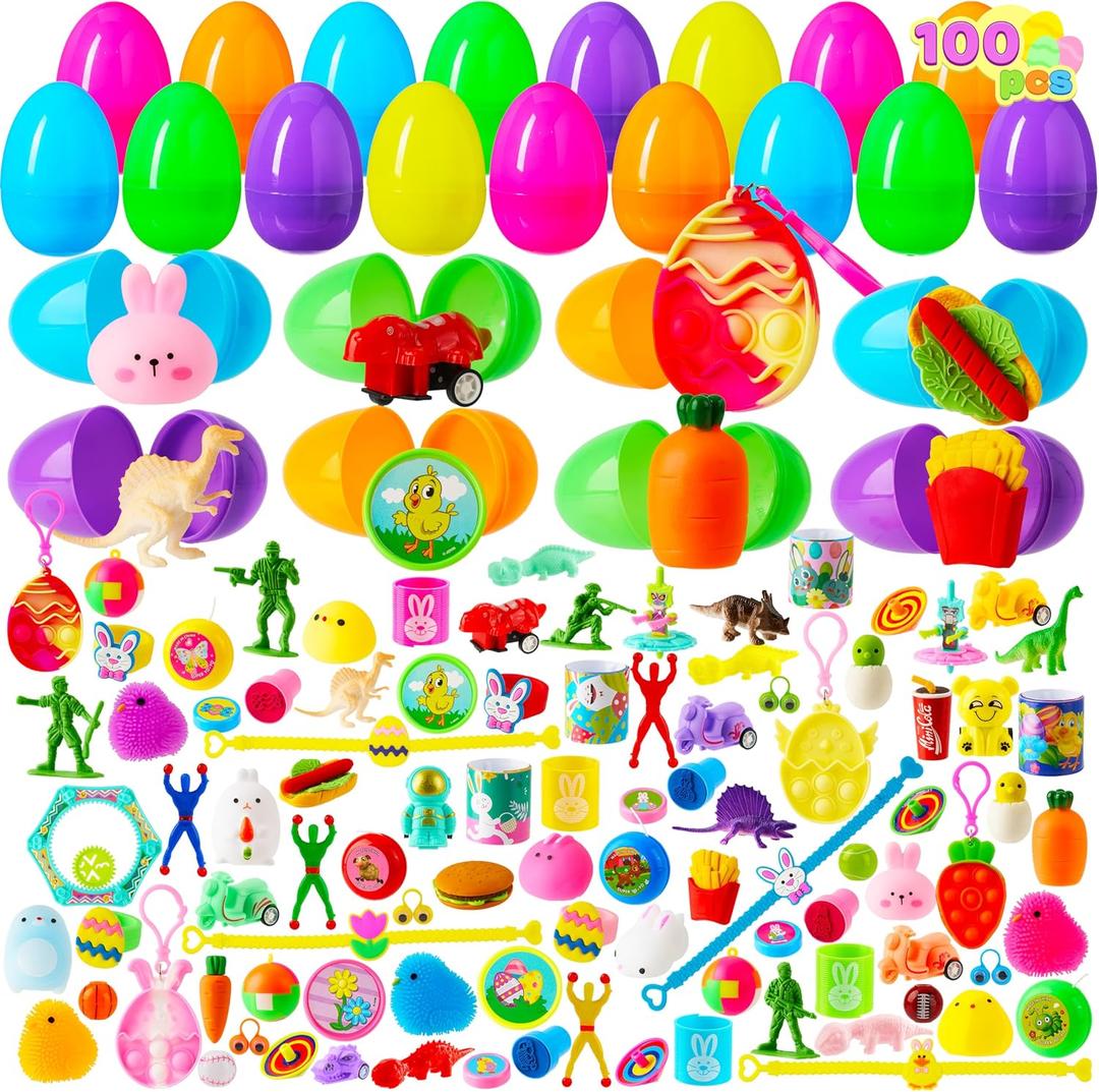 JOYIN 100 PCS Prefilled Easter Eggs with Assorted Toys Plus Stickers Inside, Plastic Eggs for Kids Hunt, Basket Stuffers Fillers, Party Favors, Classroom Prize Supplies