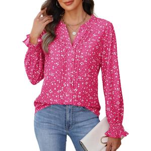 CiCiBird Womens Casual V Neck Blouses Button Down Shirts Long Sleeve Floral Print Business Work Tops (Pink, M)
