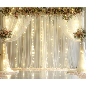 Ivory Tulle Backdrop Curtains with Lights String for Wedding Parites 60×8ft Ivory Sheer Backdrop Curtains for Baby Shower Birthday Party Photo Shoot Background Decorations(12 Panels 5ft×8ft)